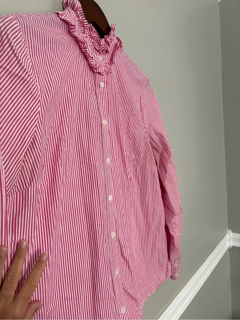 J.Crew Pink White Striped Ruffle Neck Button Down Blouse 100% Cotton M